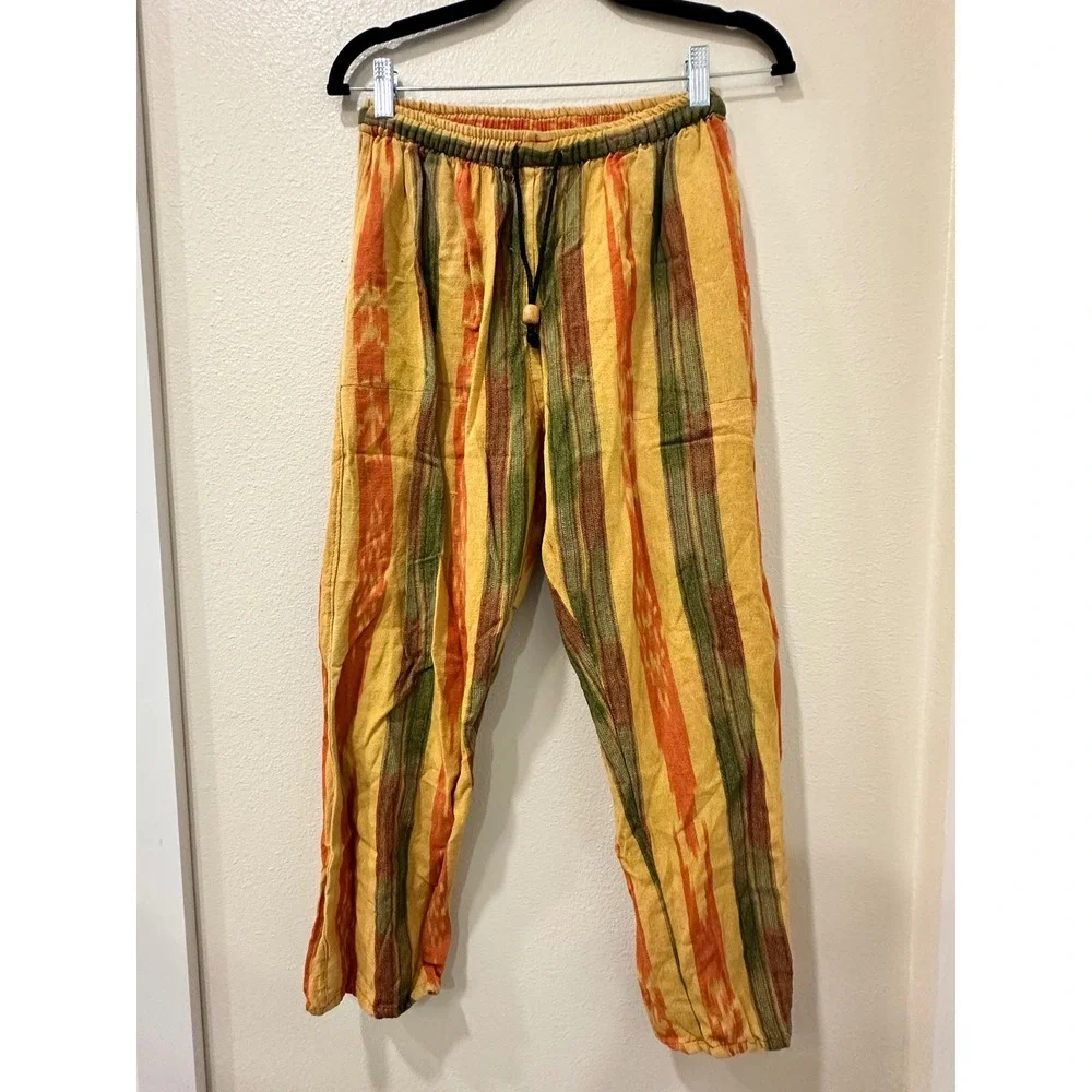Vintage Conoz Handwoven Cotton Striped Boho Pants Yellow Orange Green Medium - Picture 1 of 7